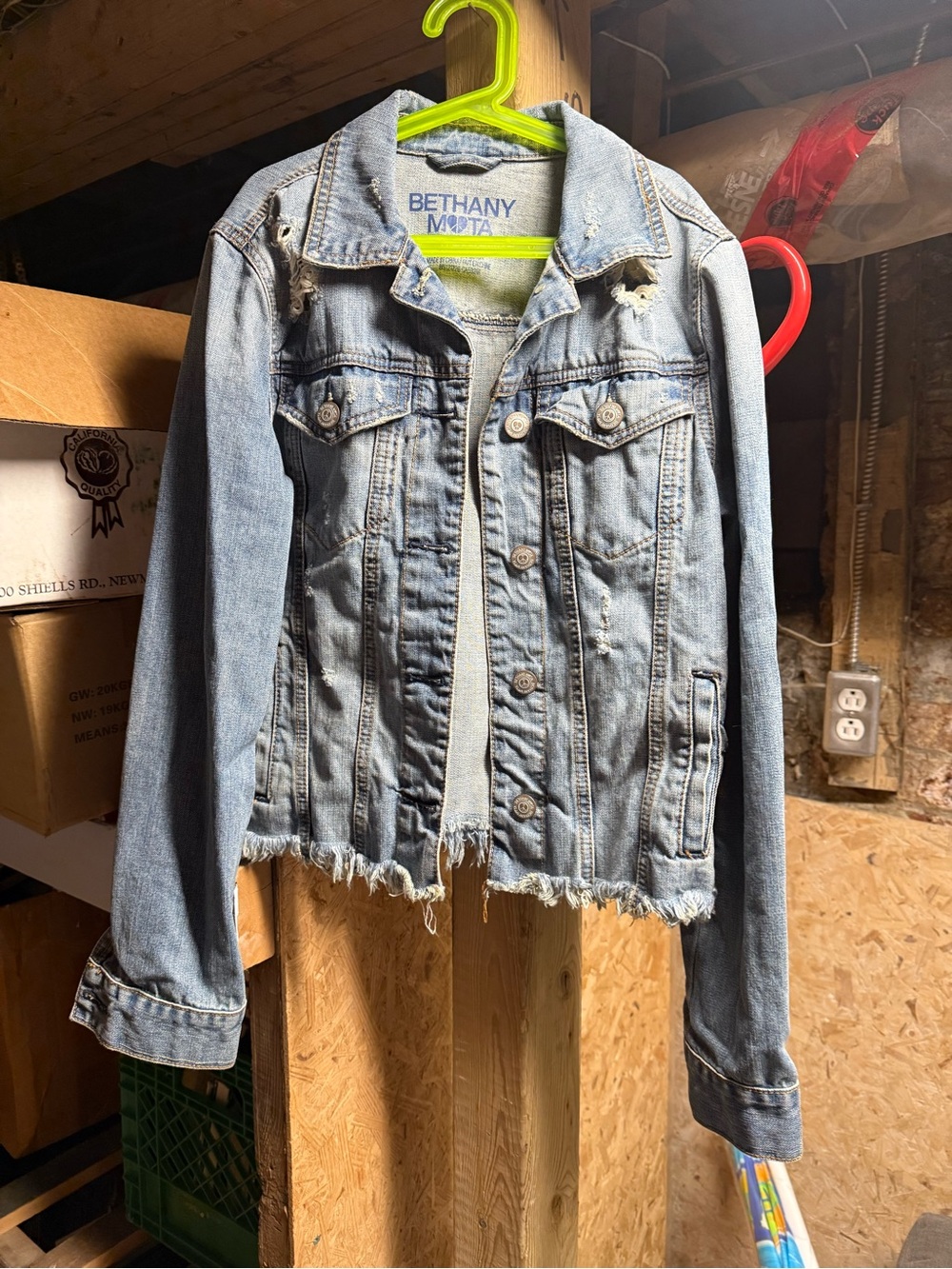 Bethany Mota Short Denim Jacket Frayed Distressed Denim Back Graphic Coat Sz S